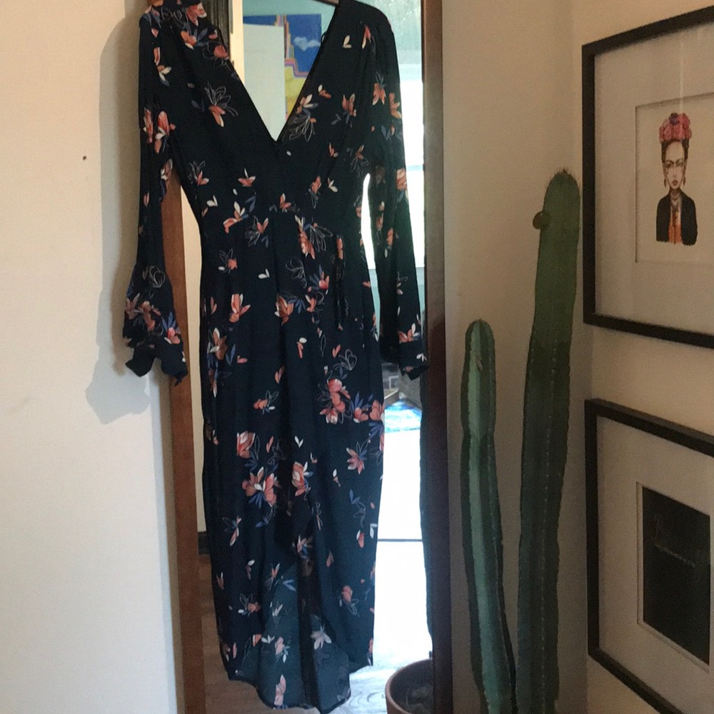 Astr Xs faux wrap dress with tulip high low bottom